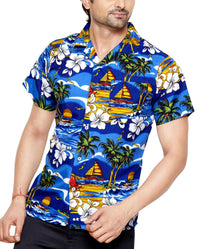 CLUB CUBANA Men's Slim Fit Classic Short Sleeve Casual Blue Hawaiian Shirt