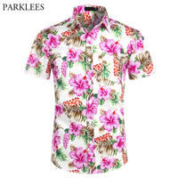 Hawaiian Shirts Mens Tropical Pink Floral Beach Shirt Summer Short Sleeve Vacation Clothing Casual Hawaii Shirt Men USA Size XXL