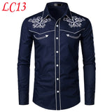 Stylish Western Cowboy Shirt Men Brand Design Embroidery Slim Fit Casual Long Sleeve Shirts Mens Wedding Party Shirt for Male